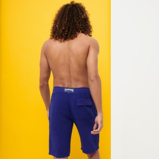 Men Others Graphic - Men Linen Bermuda Shorts Rayures, Purple blue back worn view