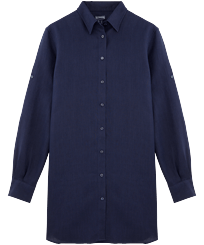 Women Others Solid - Women Long Linen Shirt Solid, Navy front view