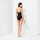 Women One piece Solid - Women Round Neckline One-piece Swimsuit Ecailles de Tortues, Black back worn view