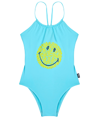 Filles VINTAGE Imprimé - Maillot de bain Fille Une pièce Turtles Smiley - Vilebrequin x Smiley®, Bleu lazuli vue de face