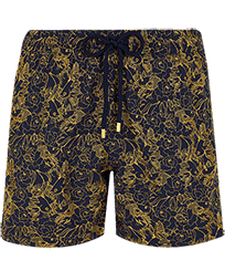 Men Classic Embroidered - Men Swimwear Embroidered Hidden Fishes, Navy front view
