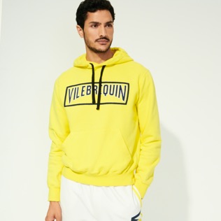 Men Others Embroidered - Men Cotton Hoodie Sweatshirt Solid, Lemon front worn view