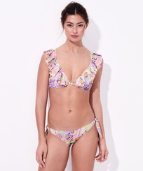 Women Fitted Printed - Women Bikini Bottom Midi Brief Rainbow Flowers, Cyclamen front worn view