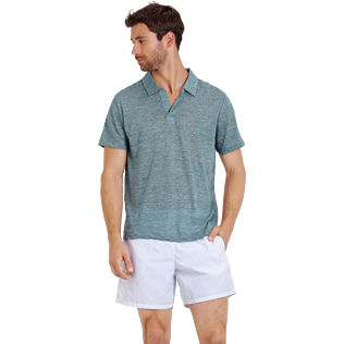 Men Others Solid - Men Linen Jersey Polo Shirt Solid, Heather green blue frontworn Men Others Solid - Men Linen Jersey Polo Shirt Solid, Heather green blue frontworn