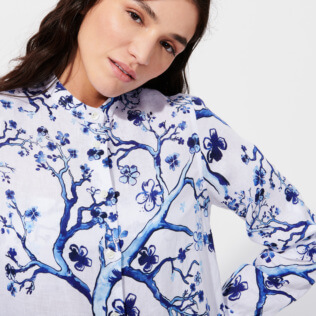 Women Others Printed - Women Linen Shirt Dress Cherry Blossom, Sea blue details view 1