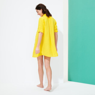 Mujer Autros Liso - Vestido camisero de lino de color liso para mujer, Safran backworn Mujer Autros Liso - Vestido camisero de lino de color liso para mujer, Safran backworn