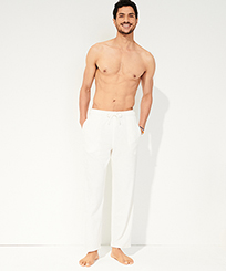 Men Others Solid - Unisex Terry Jacquard Elastic Belt Pants, Chalk front worn view