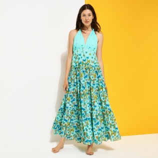 Women Others Printed - Women Low Back and Long Cotton Dress Butterflies, Lagoon front worn view
