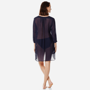 Women Others Solid - Women Cotton-Silk Beach Cover-up Crépon Uni, Navy backworn Women Others Solid - Women Cotton-Silk Beach Cover-up Crépon Uni, Navy backworn
