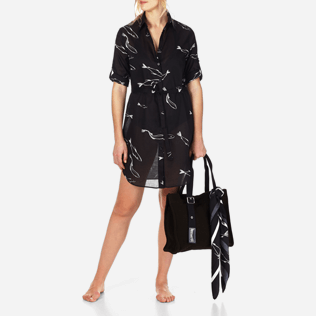 Women Dresses Printed - Women Long Cotton Voile Shirt Dress Fish Dance, Black supp7 Women Dresses Printed - Women Long Cotton Voile Shirt Dress Fish Dance, Black supp7