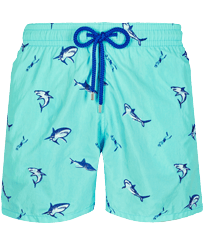 Men Classic Embroidered - Men Swim Trunks Embroidered 2009 Les Requins - Limited Edition, Lazulii blue front view