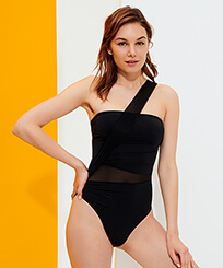 Damen Einteiler Uni - Einfarbiger Bustier-Badeanzug für Damen, Schwarz Vorderseite getragene Ansicht