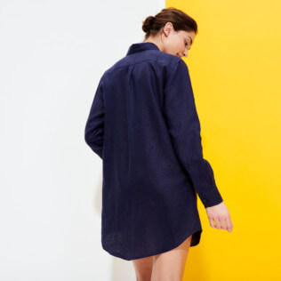 Women Others Solid - Women Long Linen Shirt Solid, Navy back worn view