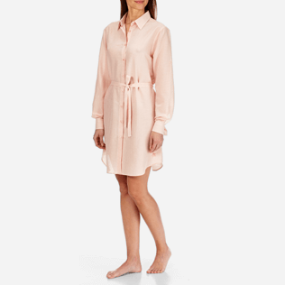 Mujer Vestido Gráfico - Vestido camisero largo de seda y algodón con estampado Micro Stripes para mujer, Nude frontworn Mujer Vestido Gráfico - Vestido camisero largo de seda y algodón con estampado Micro Stripes para mujer, Nude frontworn