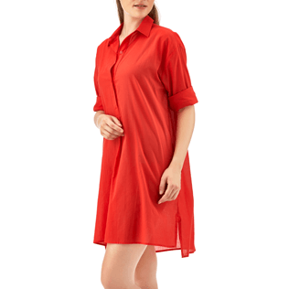 Women Dresses Solid - Solid dress shirt, Poppy red frontworn Women Dresses Solid - Solid dress shirt, Poppy red frontworn