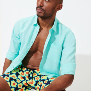 Hombre Autros Liso - Camisa de lino lisa para hombre, Laguna detalles vista 2