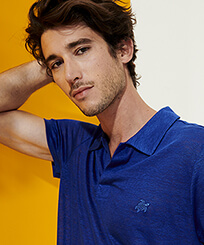 Men Others Solid - Men Linen Jersey Polo Shirt Solid, Batik blue front worn view