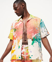 Men Bowling Shirt Linen Gra - Vilebrequin x John M Armleder Multicolor front worn view