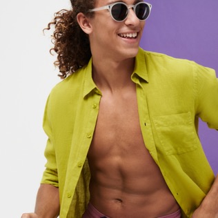 Hombre Autros Liso - Camisa de lino lisa para hombre, Matcha detalles vista 3