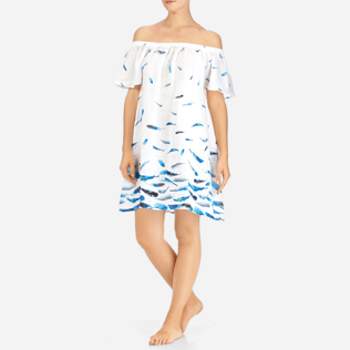 Mujer Autros Estampado - Vestido de manga corta con estampado Blue Breath y escote Bardot, Blanco frontworn Mujer Autros Estampado - Vestido de manga corta con estampado Blue Breath y escote Bardot, Blanco frontworn