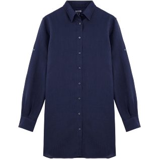 Women Others Solid - Women Long Linen Shirt Solid, Navy front Women Others Solid - Women Long Linen Shirt Solid, Navy front