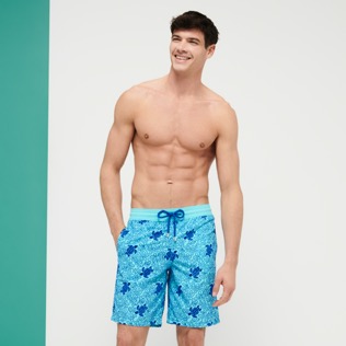 Men Long classic Printed - Men Swimwear Long Turtles Splash Flocked, Lazulii blue front worn view