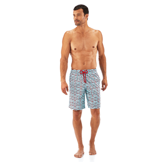 Men Long Printed - Fish Net Long Cut Swim shorts, Frosted blue frontworn Men Long Printed - Fish Net Long Cut Swim shorts, Frosted blue frontworn