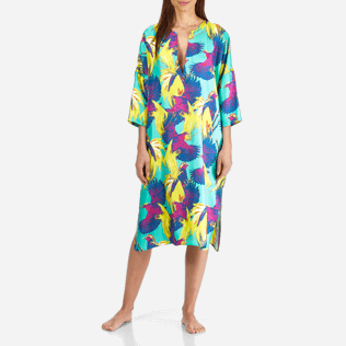 Women 052 Printed - Women Long Twill Silk Tunic Dress Birds of Paradise, Veronese green frontworn Women 052 Printed - Women Long Twill Silk Tunic Dress Birds of Paradise, Veronese green frontworn