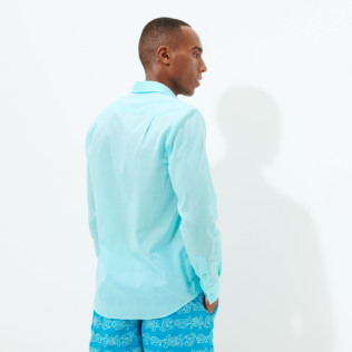 男款 Others 纯色 - 纯色中性纯棉巴厘纱衬衫, Lazulii blue 背面穿戴视图