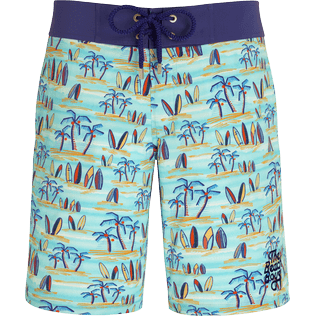 Uomo Altri Stampato - Costume da bagno uomo elasticizzato Palms & Surfs - Vilebrequin x The Beach Boys, Lazulii blue vista frontale