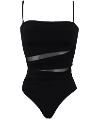 Damen Einteiler Uni - Einfarbiger Bustier-Badeanzug für Damen, Schwarz Vorderansicht