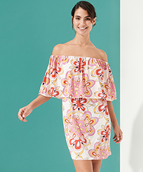Women Others Printed - Women Off the Shoulder Short Dress Kaleidoscope, Camellia front worn view