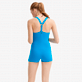 Damen Einteiler Uni - Kurzer Kontrast-Badeanzug für Damen – Vilebrequin x JCC+ – Limitierte Serie, Swimming pool Rückansicht getragen
