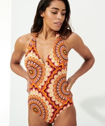 Women One piece Printed - Women Halter One-piece Swimsuit 1975 Rosaces, Apricot front worn view