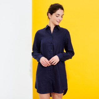 Women Others Solid - Women Long Linen Shirt Solid, Navy frontworn Women Others Solid - Women Long Linen Shirt Solid, Navy frontworn
