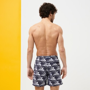 Men Classic Embroidered - Men Swim Trunks Embroidered Waves- Limited Edition, Sapphire back worn view