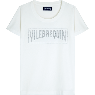 Women Others Solid - Women Cotton Vilebrequin Rhinestone T-shirt, Off white front view