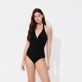 Women Fitted Solid - Women Halter One-Piece Swimsuit Plumes Jacquard, Black front worn view