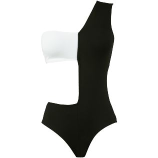Picture of Women Asymmetrical Solid - Women Asymmetric One-piece Swimsuit Solid, Black/white front view Picture of Women Asymmetrical Solid - Women Asymmetric One-piece Swimsuit Solid, Black/white front view