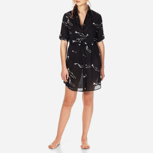Women Dresses Printed - Women Long Cotton Voile Shirt Dress Fish Dance, Black supp3 Women Dresses Printed - Women Long Cotton Voile Shirt Dress Fish Dance, Black supp3