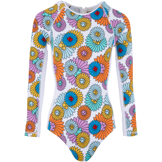 Women One piece Printed - Women Rashguard Long Sleeves One-piece swimsuit Marguerites, White front view
