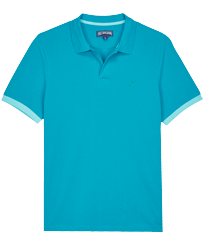 Men Cotton Pique Polo Shirt Solid Ming blue front view
