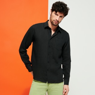 Men Linen Shirt Solid Black front worn view