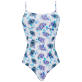Women One piece Printed - Women Round Neckline One-Piece Swimsuit Flash Flowers, Purple blue front view