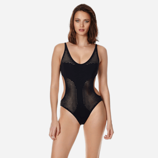 Women Trikini Solid - Women trikini one piece swimsuit Pois Lazer Cut, Black frontworn Women Trikini Solid - Women trikini one piece swimsuit Pois Lazer Cut, Black frontworn