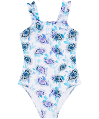 Bambina Fitted Stampato - Girls One-piece Swimsuit Flash Flowers, Purple blue vista frontale