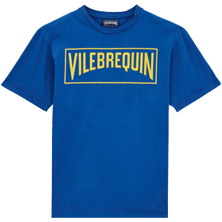 Camiseta de algodón con logotipo aterciopelado de Vilebrequin para hombre Mar azul vista frontal