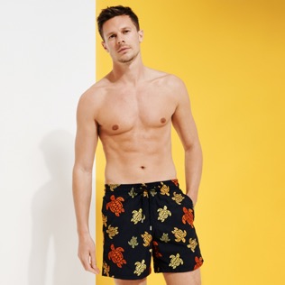 Men Embroidered Embroidered - Men Embroidered Swim Trunks Ronde Des Tortues - Limited Edition, Navy front worn view