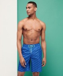 Men Long classic Printed - Men Swim Trunks Long Ultra-light and packable Micro Ronde Des Tortues, Sea blue front worn view