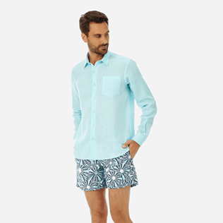男款 Others 纯色 - 男士纯色亚麻衬衫, Aquamarine frontworn 男款 Others 纯色 - 男士纯色亚麻衬衫, Aquamarine frontworn